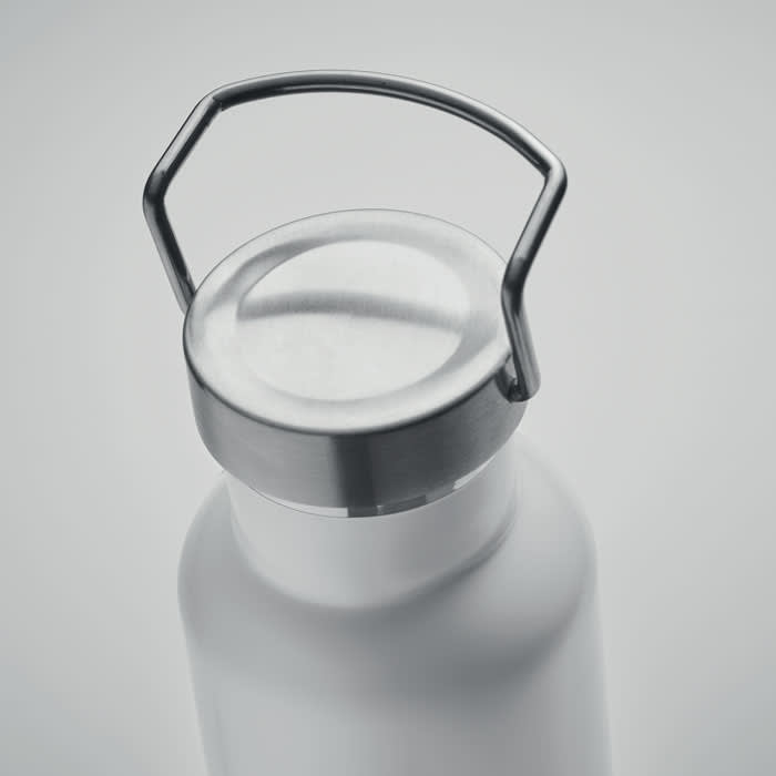 A drink bottle in white with a stainless steel lid and handle, featuring a logo on the side.