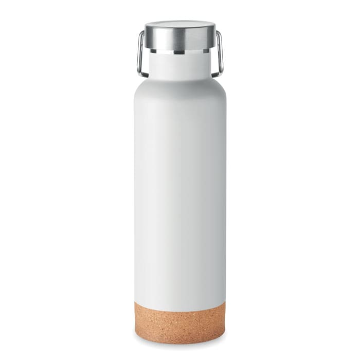 A drink bottle in matte white with a cork bottom and a metallic silver lid, featuring a logo.