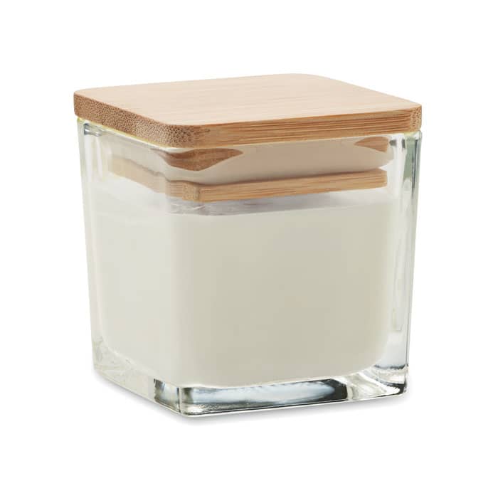 A square glass container with a wooden lid, holding a white substance. The container has clean, modern lines.