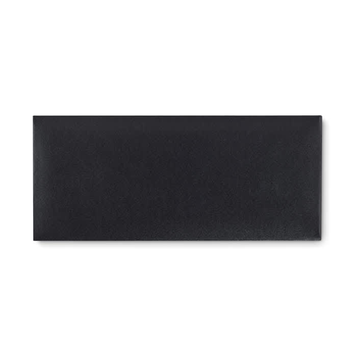 A black envelope with a smooth surface, suitable for various uses. It features a minimalist design without any text.