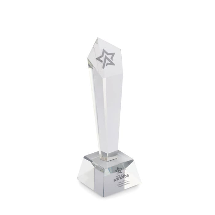 A crystal trophy with a geometric design and a base, featuring a star logo on the front.