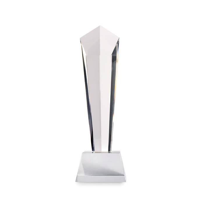 A crystal trophy with a sleek, geometric design featuring clear and reflective surfaces.