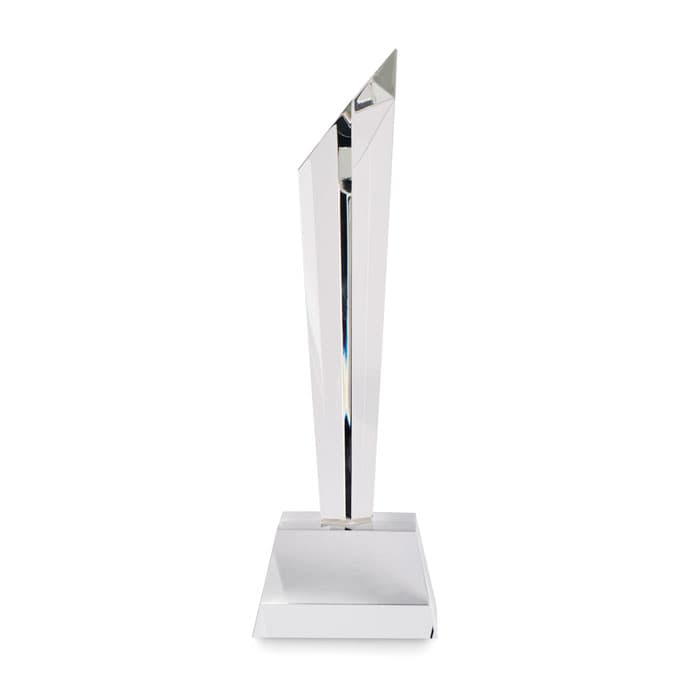 A trophy featuring a tall, angular design made of clear glass, resting on a square base.