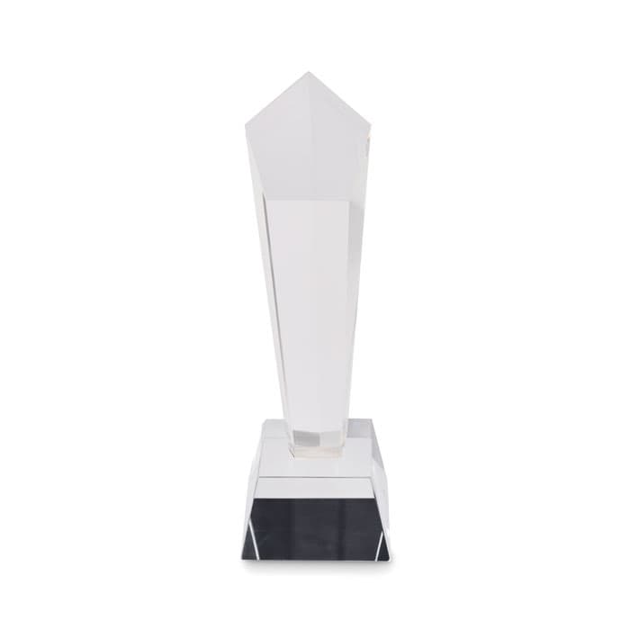 A crystal trophy with a tapered design, featuring a clear body and a black base.