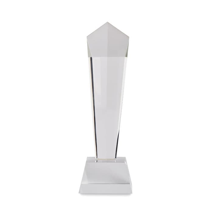 A transparent crystal award with a tall, tapered design and a square base. The surface is shiny and reflective.
