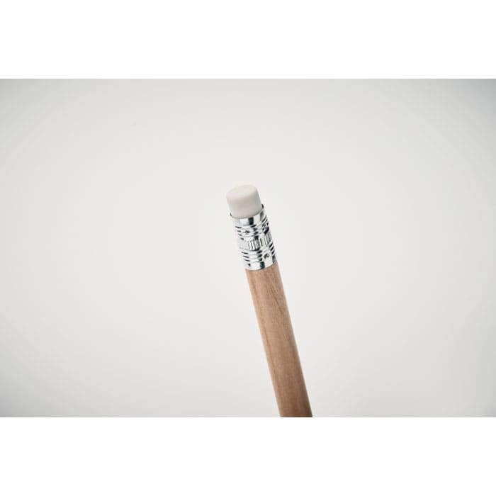 A wooden pencil with a silver-striped metal ferrule and a white eraser at the top.