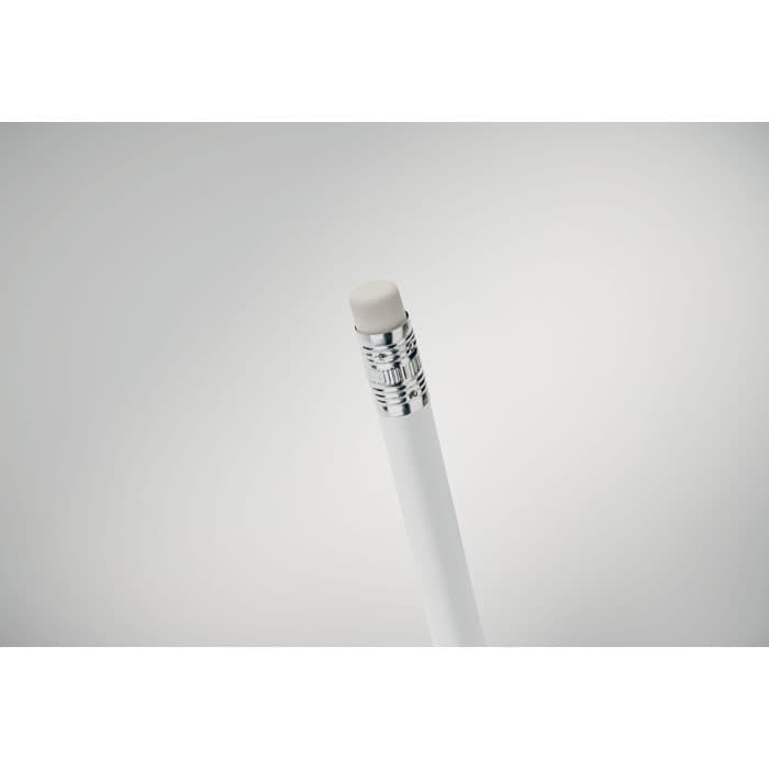 A white pencil with a silver metallic ferrule and an eraser at the top, against a grey background.