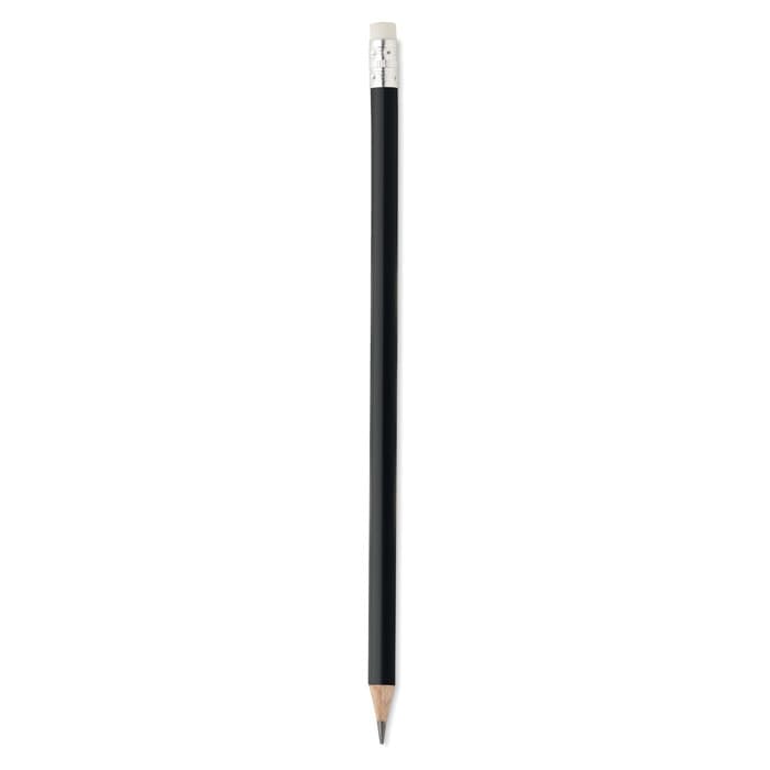 A black pencil with a silver eraser and a sharpened tip, featuring a logo near the eraser.