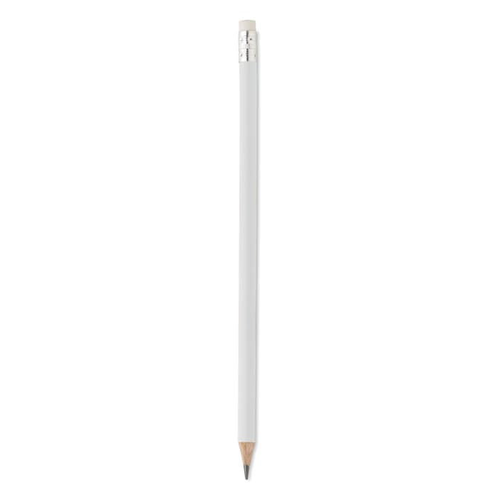 A white pencil with a sharpened tip and an unpainted wooden body, featuring a silver metal ferrule.