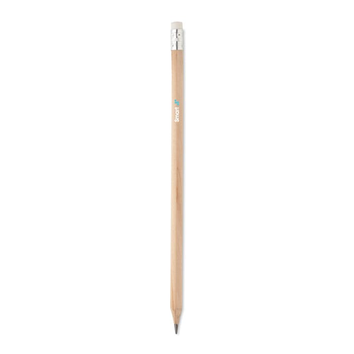 A wooden pencil with a silver eraser and a branding logo on the side.