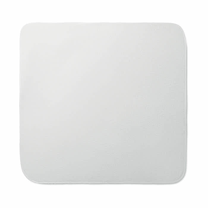 A soft, square, white blanket or throw with rounded edges, featuring a smooth texture.