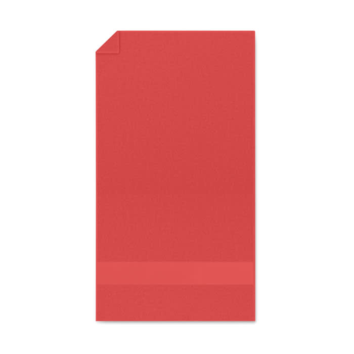 A red product with a smooth texture and a folded top corner, featuring a horizontal band at the bottom.