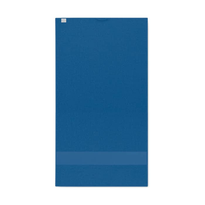 A drink bottle in blue with a sleek design and a logo on the side.