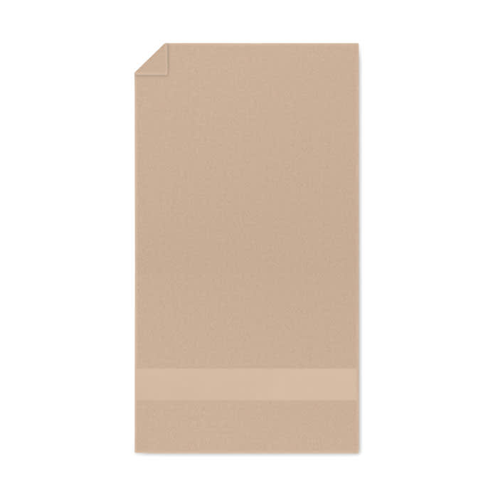 A beige promotional product featuring a smooth surface and a subtle band at the bottom. It has a logo.