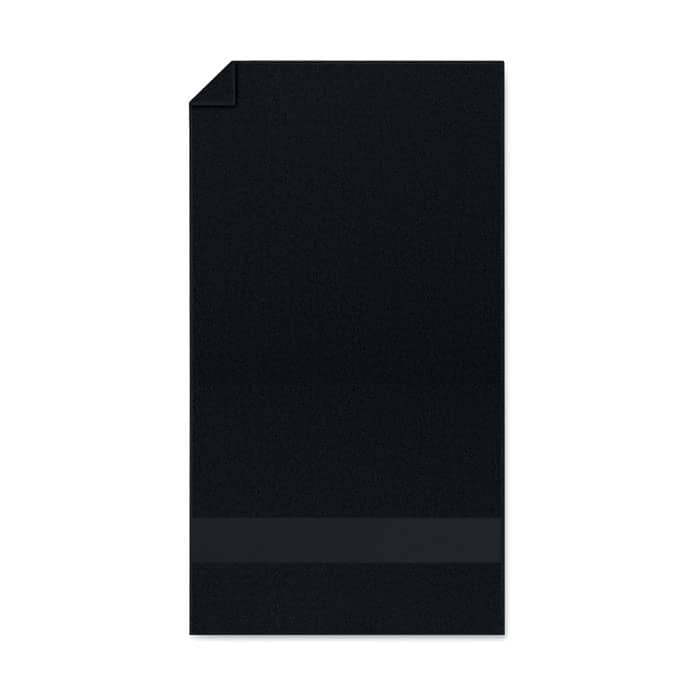 A black promotional product with a smooth texture, featuring a subtle blank band at the bottom. It has a logo.