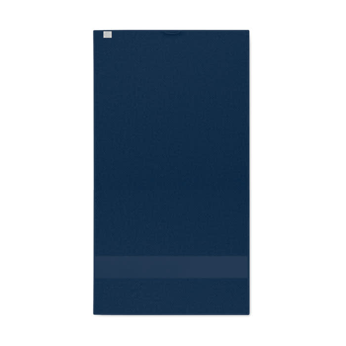 A drink bottle in a deep navy blue colour, featuring a sleek design and a logo on the side.