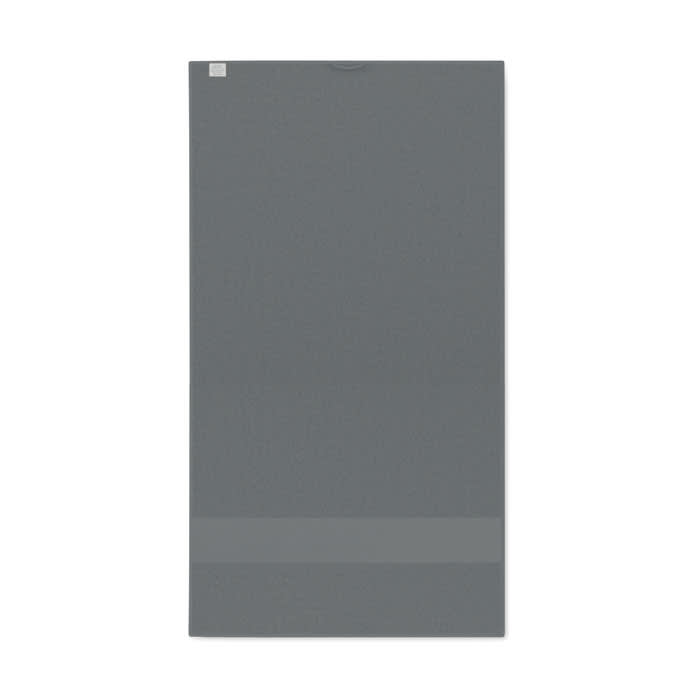 A drink bottle in a sleek grey colour, featuring a minimalistic design and a logo at the top.