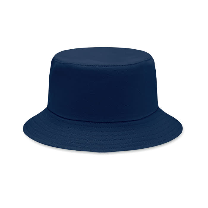A navy blue bucket hat with a wide brim and smooth finish, featuring no visible logos or branding.