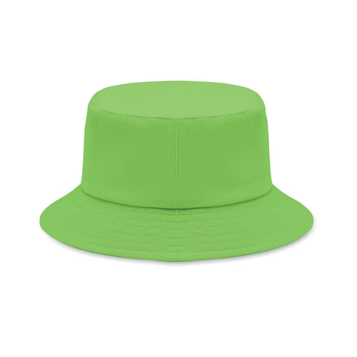 A green bucket hat with a structured top and wide brim. It features a smooth finish and no visible branding.