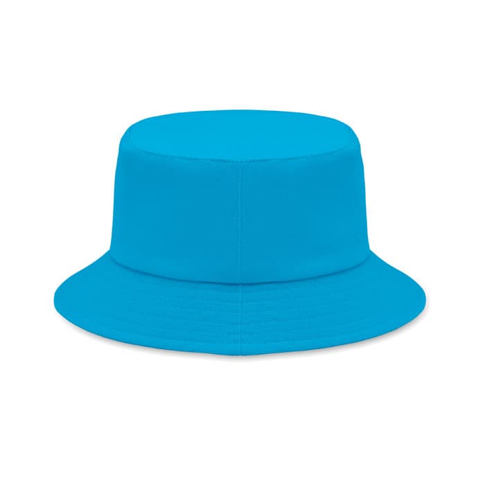 A bright blue bucket hat with a wide brim and a structured top. It has a simple design without embellishments.