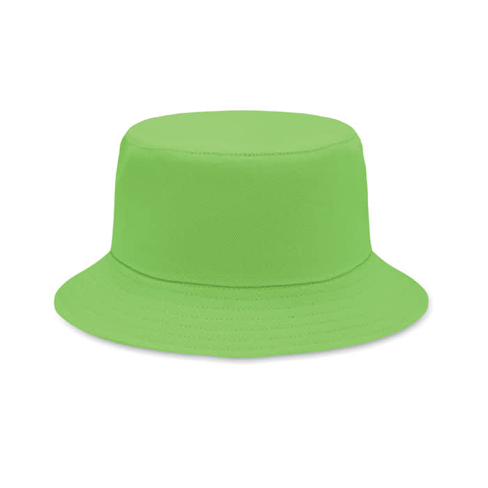A bright green bucket hat with a wide brim and a structured top, featuring a plain design.