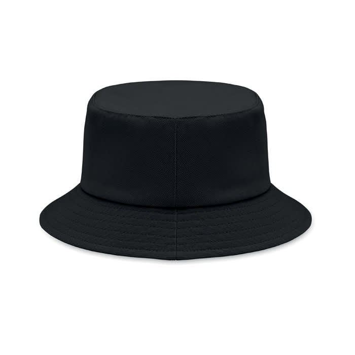 A black bucket hat with a flat top and wide brim, featuring a simple design and no visible branding.
