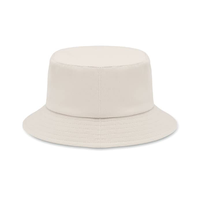 A bucket hat in a light beige shade with a simple, unembellished design.