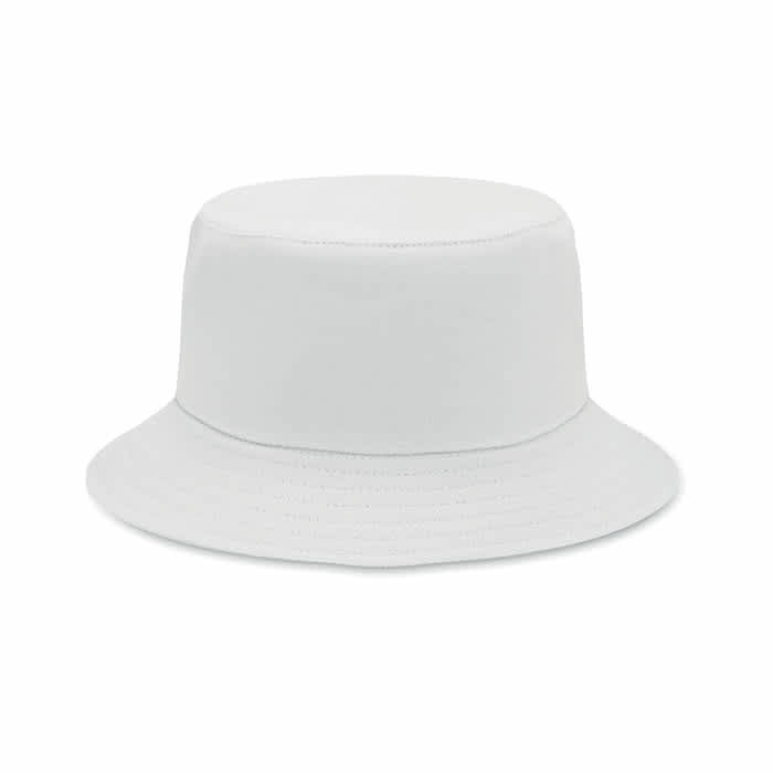 A bucket hat in solid white, featuring a wide brim and a structured design. It has a simple branded logo.