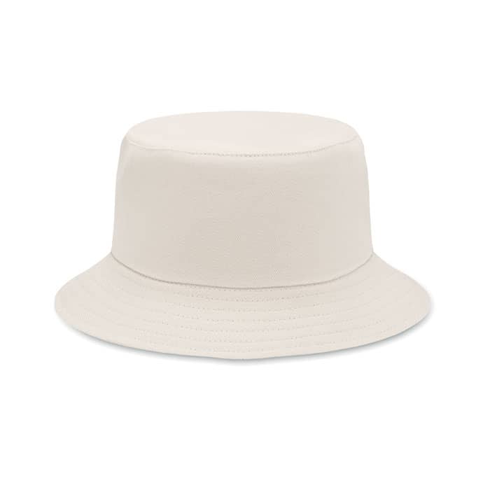 A bucket hat in a light cream colour with a wide brim and a rounded top. It features a simple design.