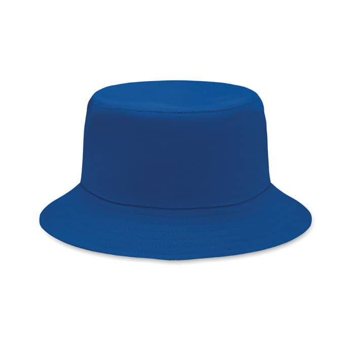 A bucket hat in vibrant blue with a wide brim and a structured crown.