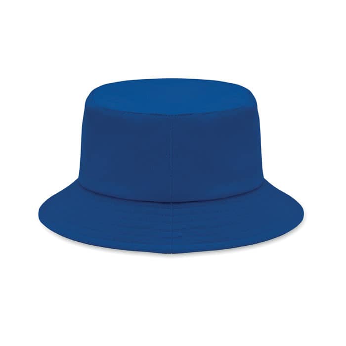 A blue bucket hat with a wide brim and a smooth surface, featuring a simple design and no visible logos.