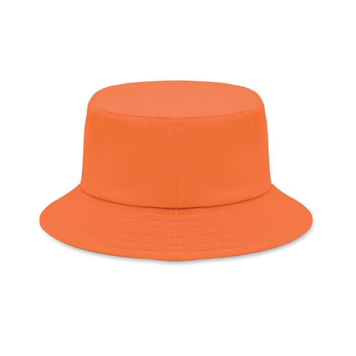 A bucket hat in vibrant orange with a rounded crown and wide, floppy brim.