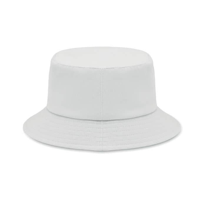 A bucket hat in white with a round crown and wide, downward-sloping brim. It features a simple design without embellishments.