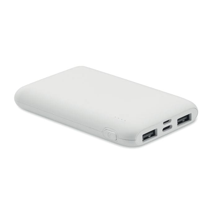 A power bank in white, featuring two USB ports and a sleek, rounded design.