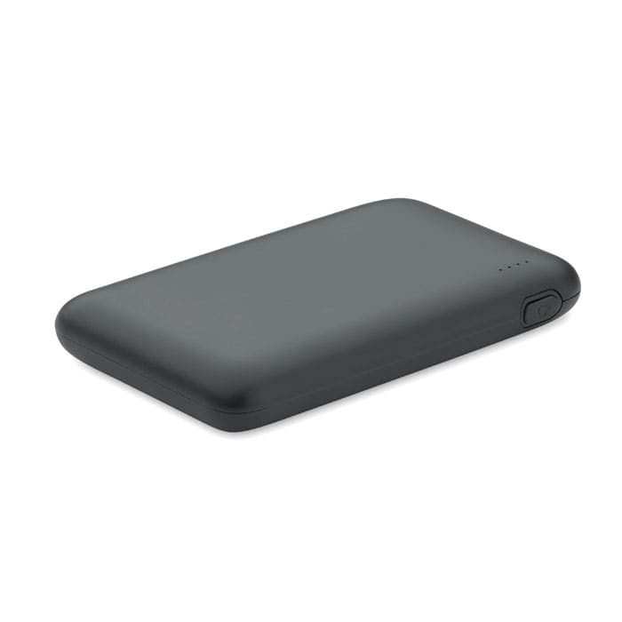 A power bank in sleek black with a smooth texture and an indicator light. It has a simple design with rounded edges.