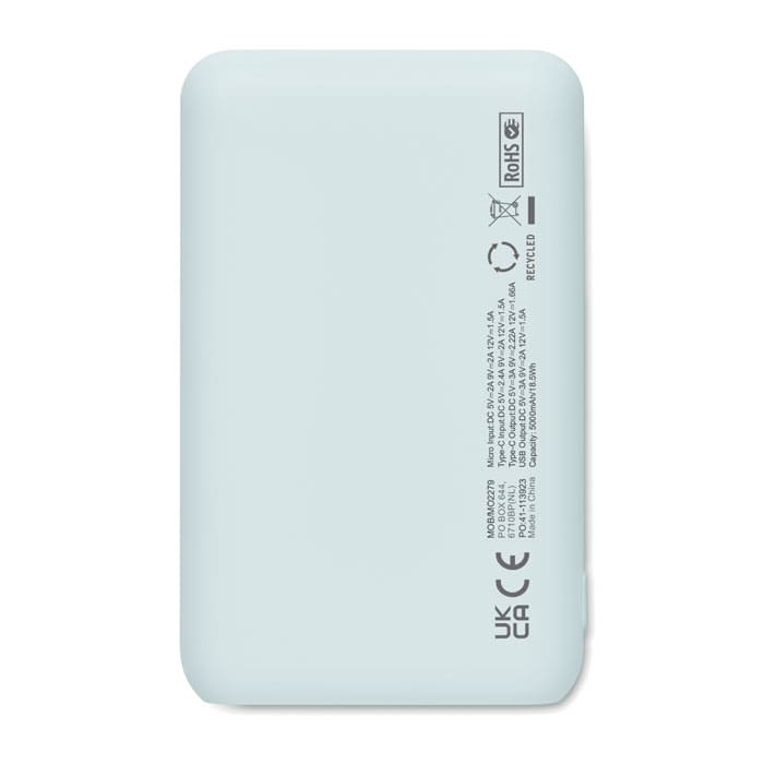 A light blue power bank with a smooth surface, featuring a logo and printed informational text on the back.