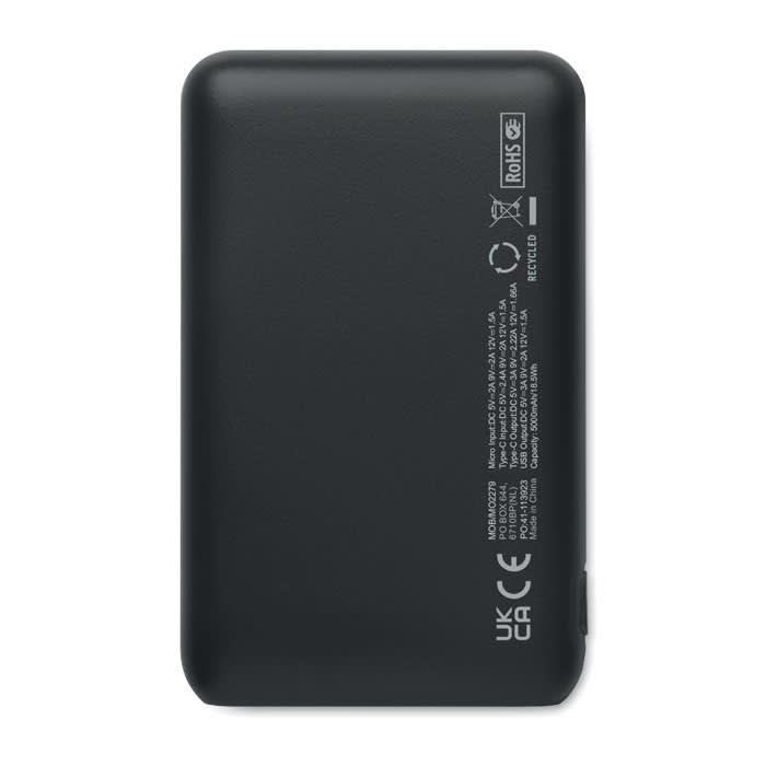 A portable charger in black with a smooth finish and a logo on the side.