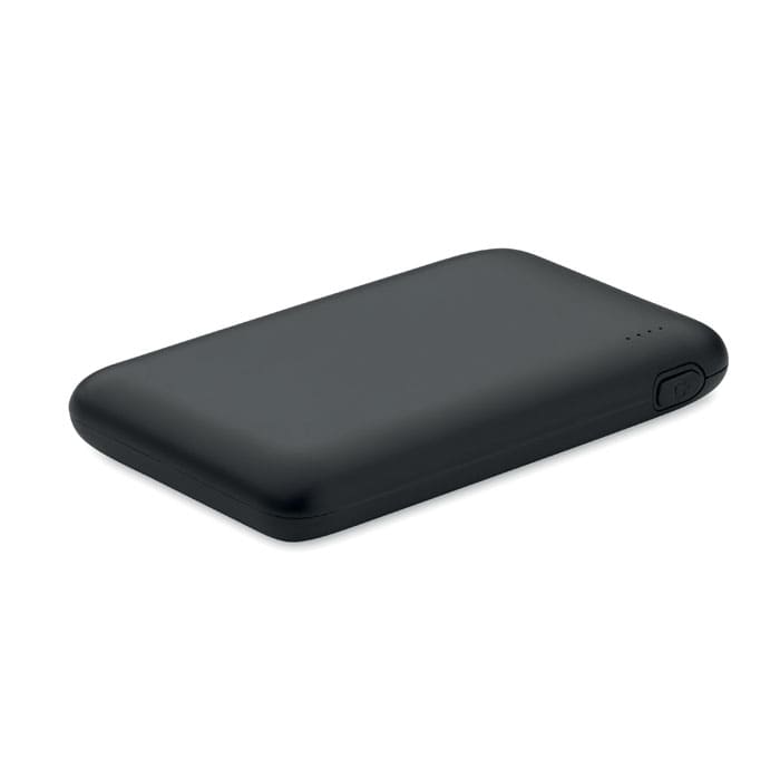 A black power bank with a smooth surface and an indicator light, designed for charging devices on the go.