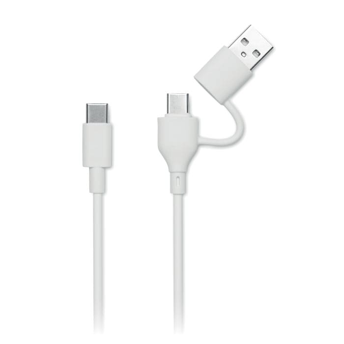 A white USB cable with a USB-A connector on one end and a USB-C connector on the other end.