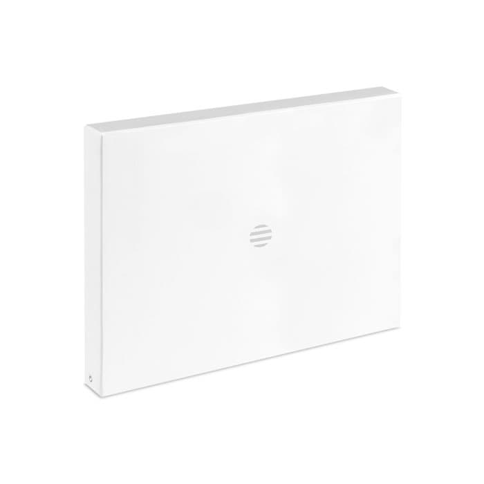 A white rectangular product with a simple logo in the centre. It has a sleek, minimalist design.