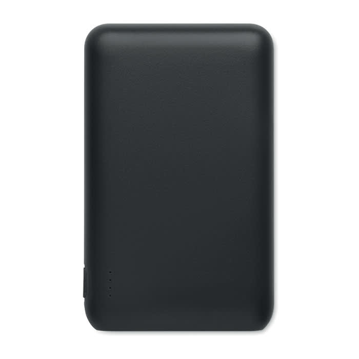 A black portable charger with a smooth finish and small indicator lights on the side, featuring a logo.