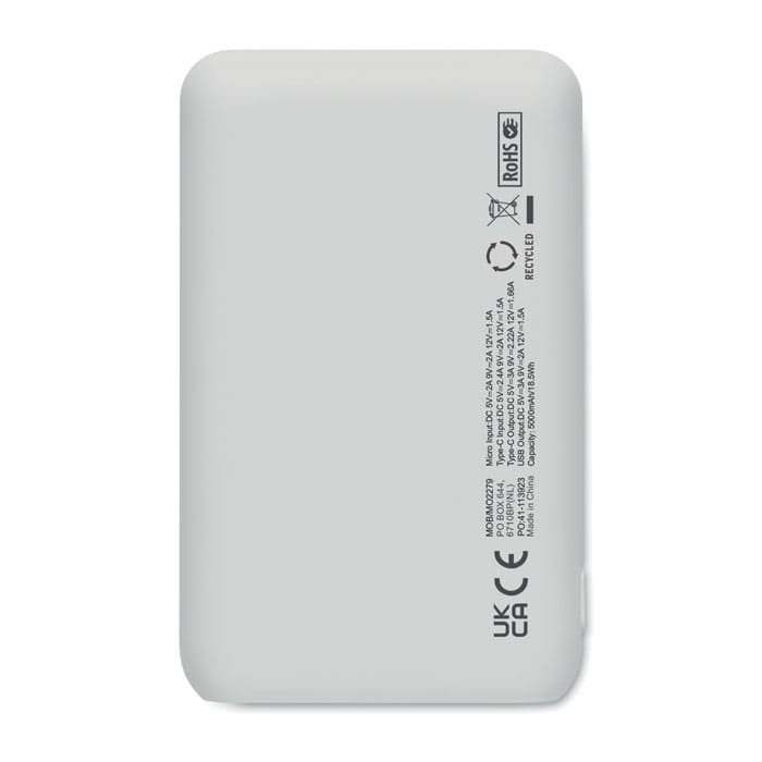 A power bank in grey featuring a compact design and a logo on the surface.