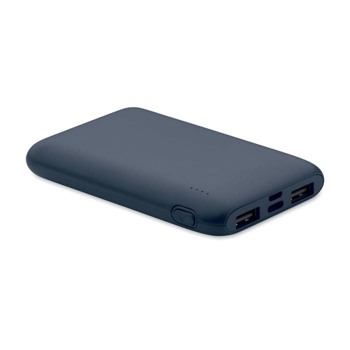 A power bank in navy blue with two USB ports and a power button. It features a smooth, rounded design.