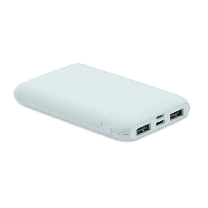 A power bank in a light blue colour with two USB ports and a sleek, rounded design. It features a logo.