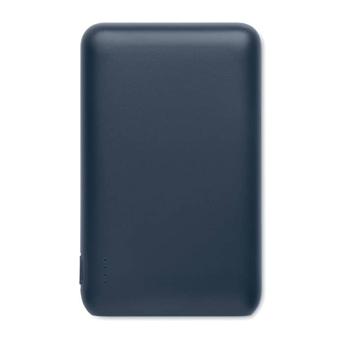 A navy portable charger with a smooth finish and indicator lights. It has a sleek, compact design.