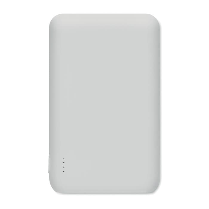 A power bank in a sleek grey finish, featuring a branding logo on its surface.