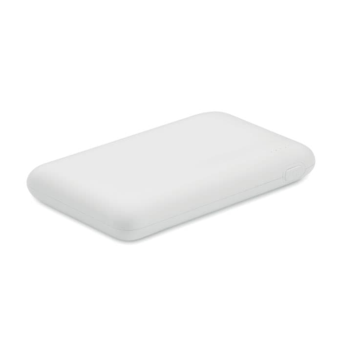 A portable power bank in white, featuring a sleek, compact design with rounded edges and a small button.