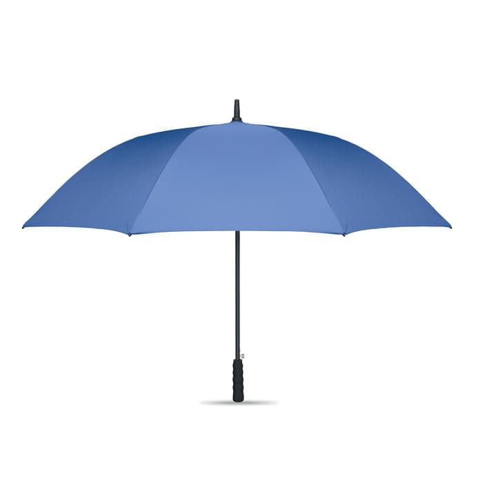 A blue umbrella with a black handle and a sturdy structure, featuring a logo on the handle.