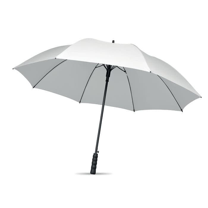 A large umbrella with a white canopy and a black handle, featuring a simple, modern design.