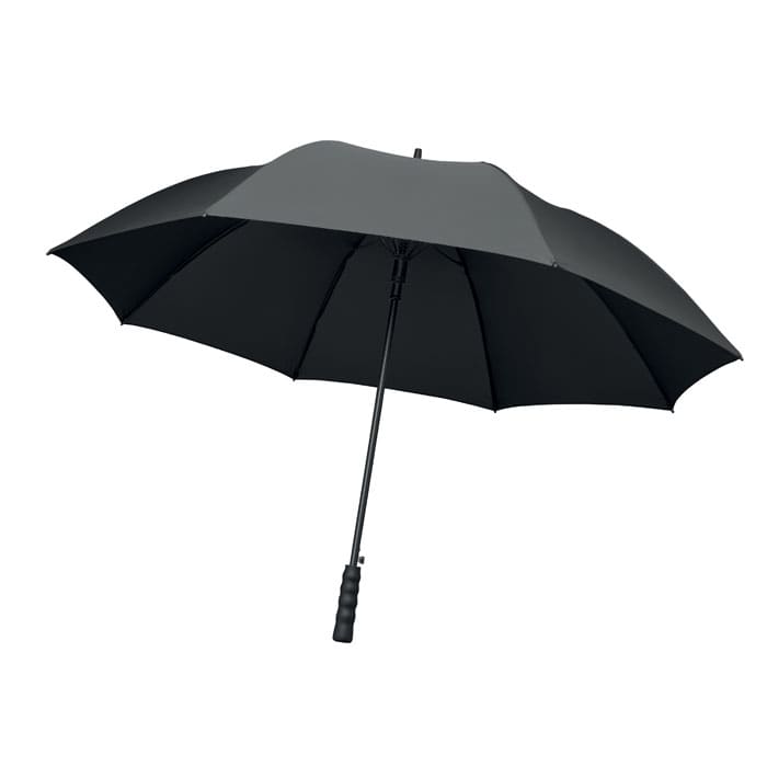 A black umbrella with a straight handle and multiple canopy segments, featuring a logo on the shaft.